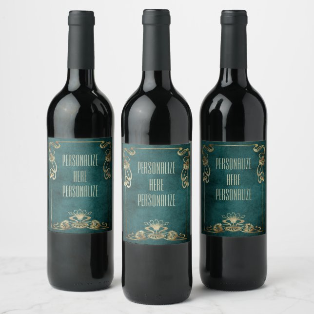 Art nouveau suede look elegant gold green lotus wine label (Bottles)