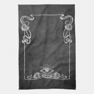 Art nouveau suede look elegant silver grey lotus  kitchen towel