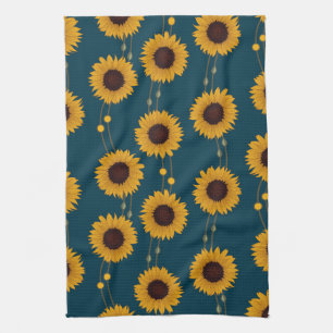 Art Nouveau Sunflower Retro Floral Stripes Yellow Kitchen Towel