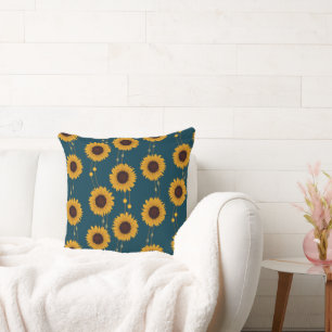 Art Nouveau Sunflower Retro Floral Stripes Yellow Throw Pillow