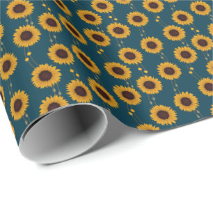 Art Nouveau Sunflower Retro Floral Stripes Yellow Wrapping Paper