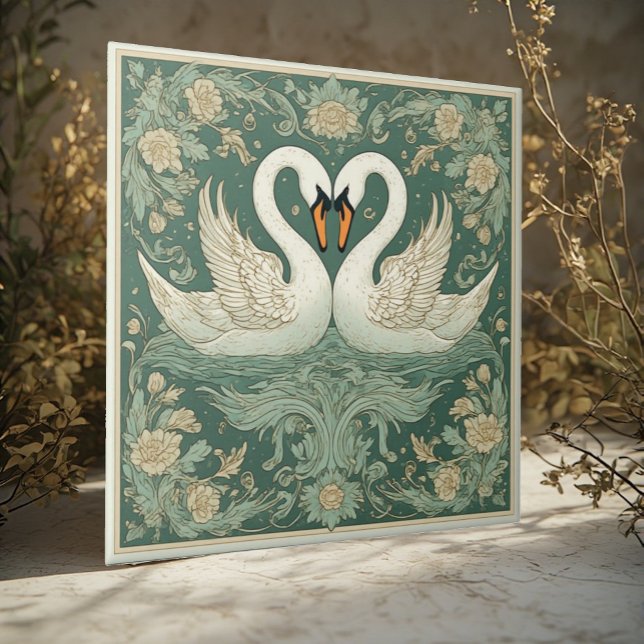 Art Nouveau Swan Couple Decorative Lake Scenery  Tile (Art Nouveau Swan Couple Decorative Lake Scenery Ceramic Tile)