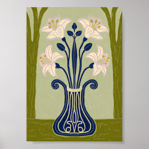 Art Nouveau Symmetrical Lily Illustration in Cobal Poster