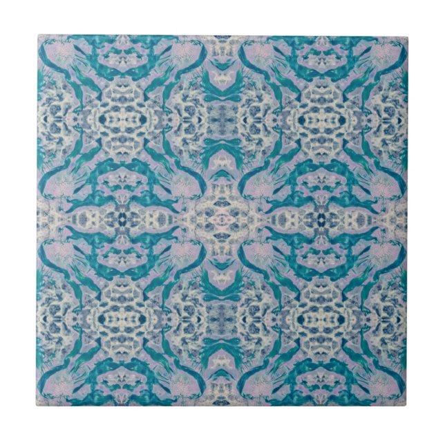 Art Nouveau Teal Blue Purple Mirrored Pattern Tile (Front)