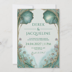 Art Nouveau Teal & Gold Floral Wedding  Invitation