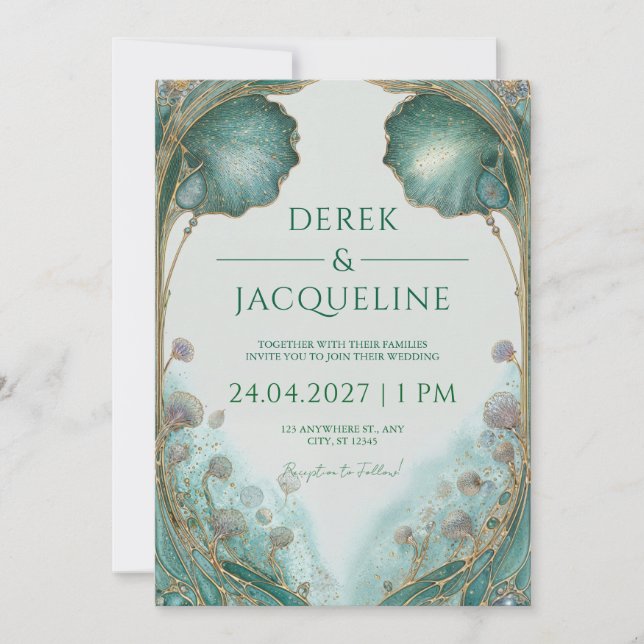 Art Nouveau Teal & Gold Floral Wedding  Invitation (Front)