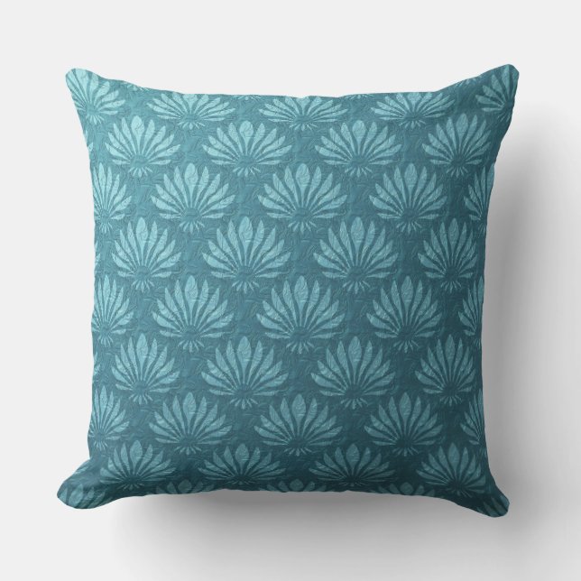 Art Nouveau,Teal,metallic,art deco, fan pattern,ch Outdoor Pillow (Front)