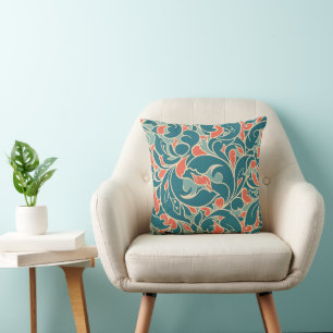 Art Nouveau Teal & Terracotta Floral  Throw Pillow