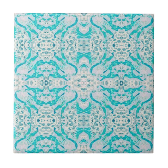 Art Nouveau Teal White Decorative Mirrored Pattern Tile (Front)