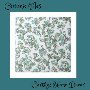Art Nouveau Teal, White, Taupe Tile