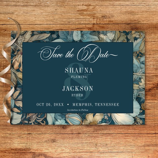 Art Nouveau Teal William Morris Floral Wedding Save The Date (Art Nouveau Teal William Morris Floral Wedding Save The Date)