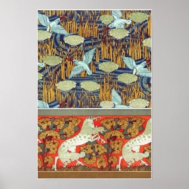 Art nouveau textile kingfisher horse Verneuil  Poster (Front)