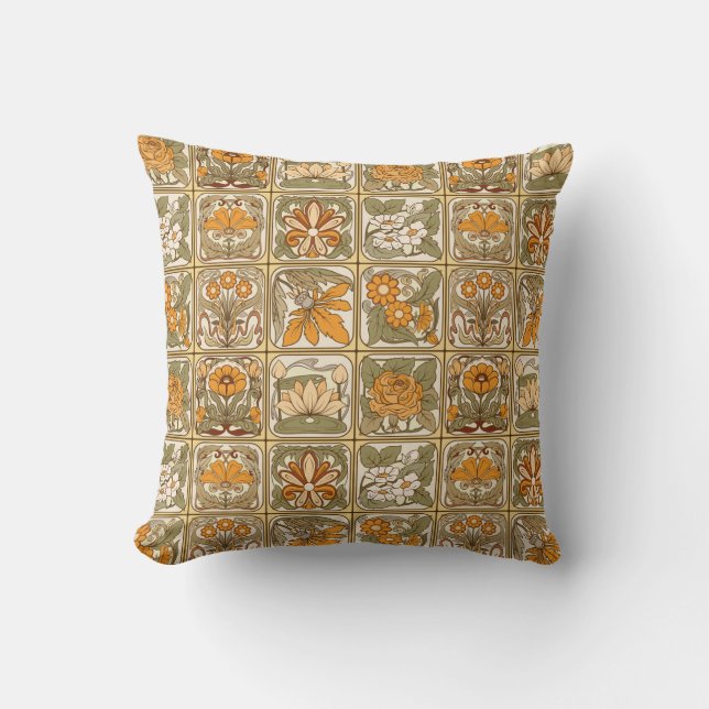 Art Nouveau Tiles: Vintage Ceramic Style Throw Pillow (Front)