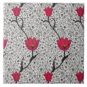 Art Nouveau Tulip Damask, Grey and Red Tile
