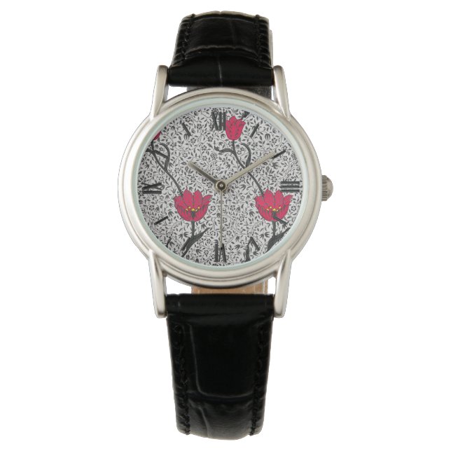 Art Nouveau Tulip Damask, Grey and Red Watch (Front)