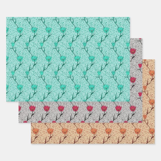 Art Nouveau Tulip Damask, Turquoise, Grey, Coral Wrapping Paper Sheet (Set)