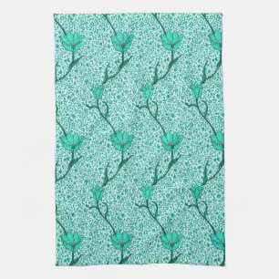 Art Nouveau Tulip Damask, Turquoise Kitchen Towel