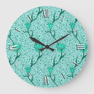 Art Nouveau Tulip Damask, Turquoise Large Clock