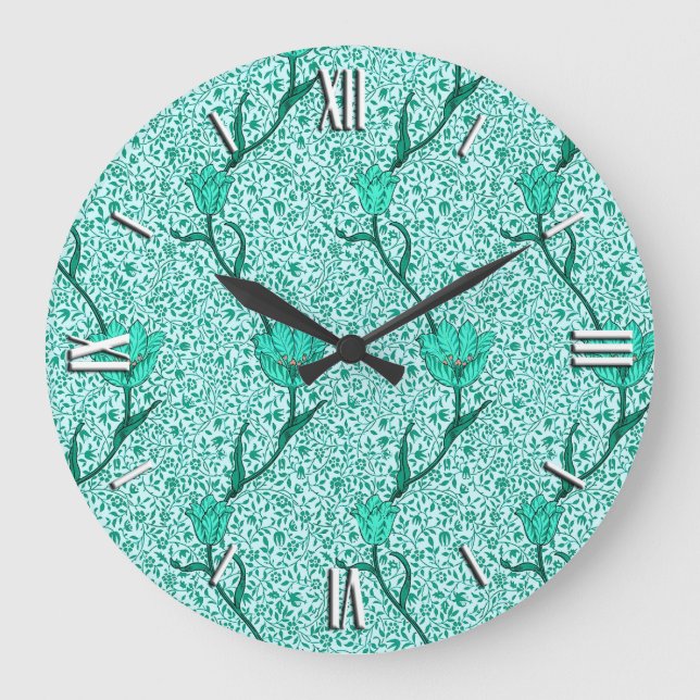 Art Nouveau Tulip Damask, Turquoise Large Clock (Front)
