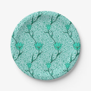 Art Nouveau Tulip Damask, Turquoise Paper Plate