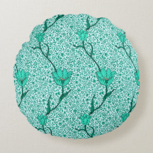 Art Nouveau Tulip Damask, Turquoise Round Pillow