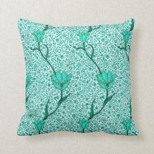 Art Nouveau Tulip Damask, Turquoise Throw Pillow