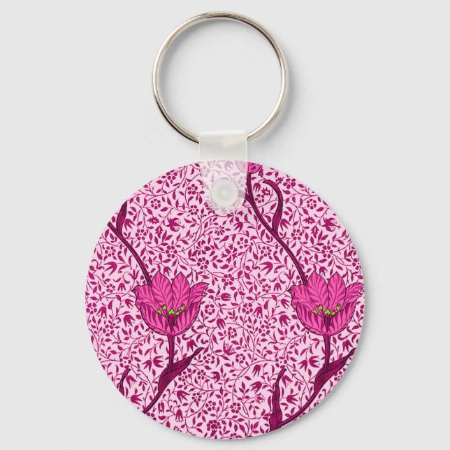 Art Nouveau Tulip Damask, Wine & Fuchsia Pink Keychain (Front)