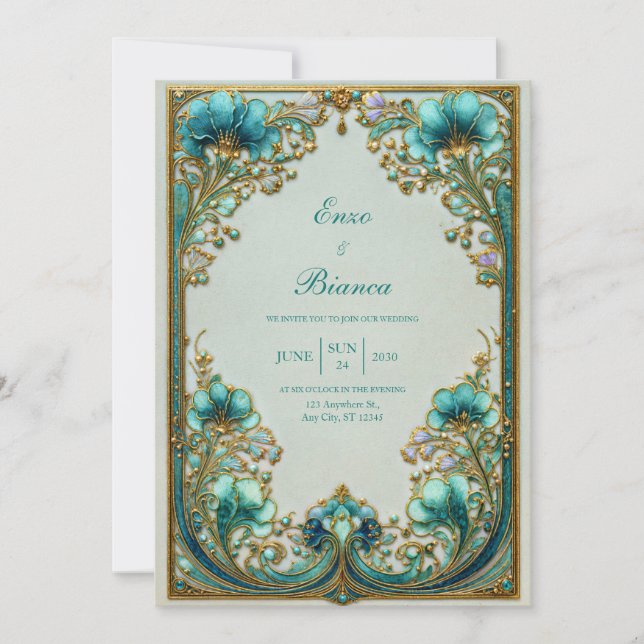 Art Nouveau Turquoise Floral Gilded Wedding Invitation (Front)