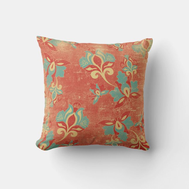 Art Nouveau Turquoise Orange Floral Throw Pillow (Front)