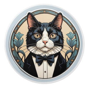 Art Nouveau Tuxedo Cat Ceramic Knob
