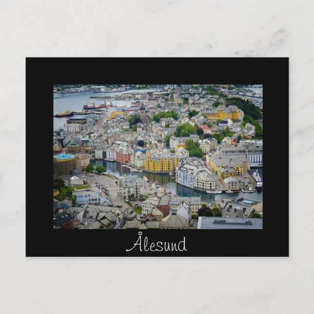 Art Nouveau ville Alesund noir texte carte postale (Devant)