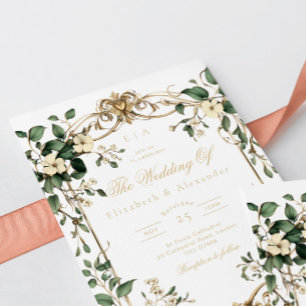 Art Nouveau Vintage Floral Green and gold Wedding Invitation