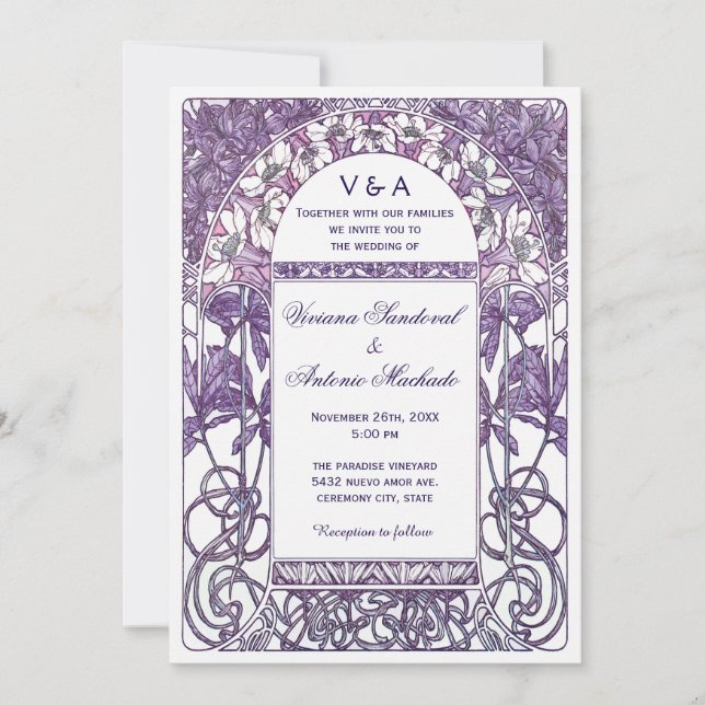 Art Nouveau Vintage Wedding Invitations VI Purple (Front)