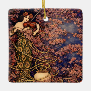 Art Nouveau Violinist in Blossoms – Vintage Floral Ceramic Ornament