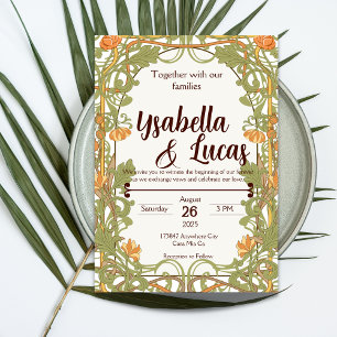 Art Nouveau Wedding Invitation   Elegant 5" x 7" V
