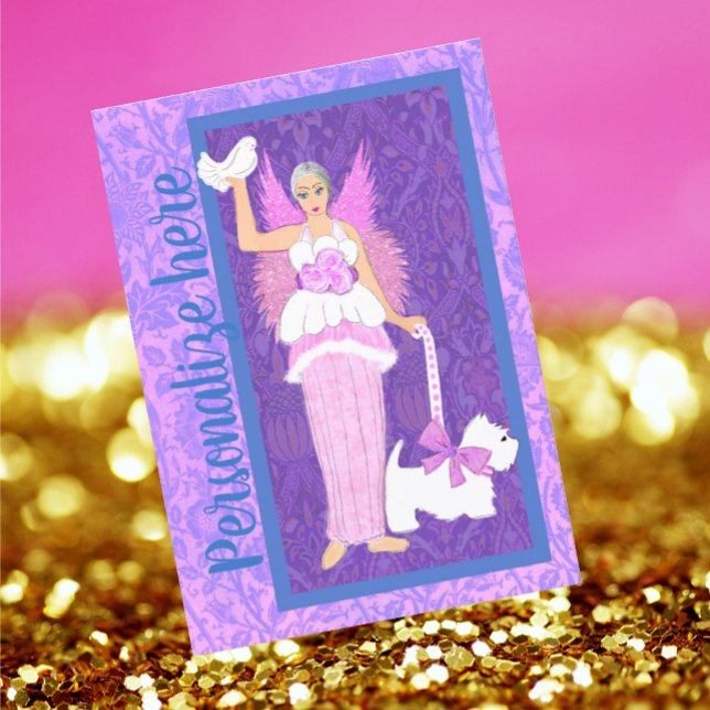 Art Nouveau Westie Dog Pink Purple Holiday Card (Personalize with your own message!)