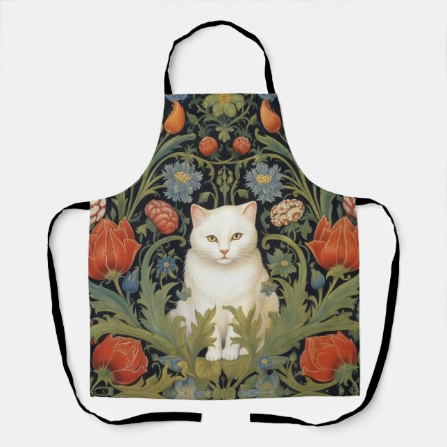 Art nouveau white cat in the garden apron (Front)