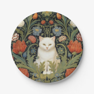 Art nouveau white cat in the garden paper plate