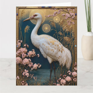 Art Nouveau White Crane Panel with Cherry Blossoms Card