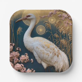 Art Nouveau White Crane Panel with Cherry Blossoms Paper Plate