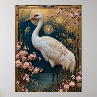 Art Nouveau White Crane Panel with Cherry Blossoms Poster