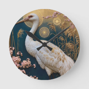 Art Nouveau White Crane Panel with Cherry Blossoms Round Clock