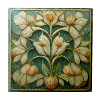 Art Nouveau White Flowers, Blue-Green Background Tile