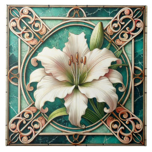 Art Nouveau White Lily Flower Motif Tile