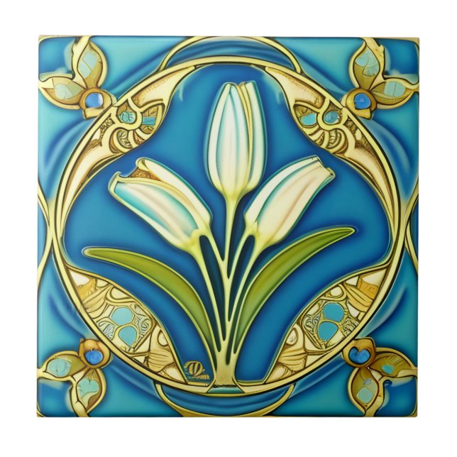 Art Nouveau White Stylized Lily  Tile (Front)