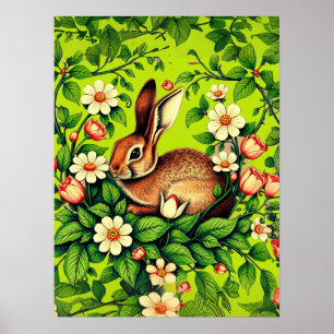 Art Nouveau Wild Rabbit and Flowers Poster