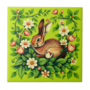 Art Nouveau Wild Rabbit and Flowers Tile