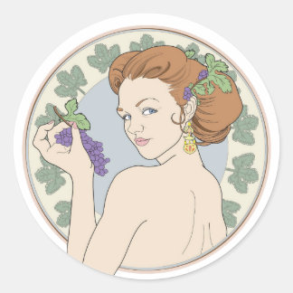 Art Nouveau Wine Lover Girl with Grapes Classic Round Sticker