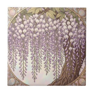 Art Nouveau Wisteria Floral Gold Frame Tile
