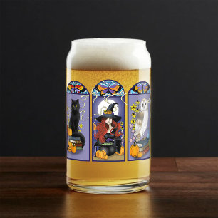 Art Nouveau Witch Owl Cat Halloween Can Glass